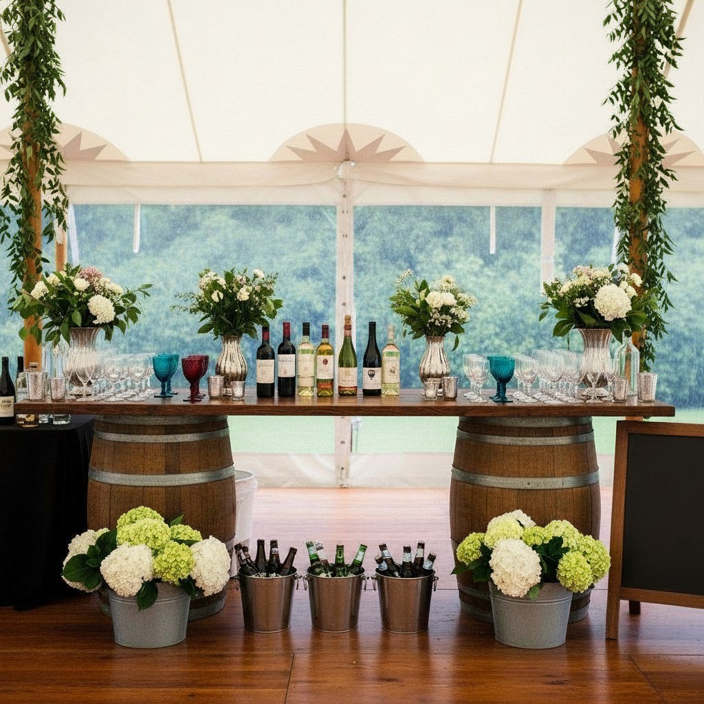 Barrel bar under a white tent